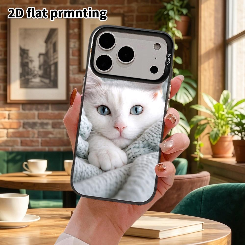 Phone Case: 2D Flat Design Suitable for iPhone 18 17 16 15 14 13 Pro, Colorful Silver Protective Case, Couple Style, Little White Cat, Christmas and H