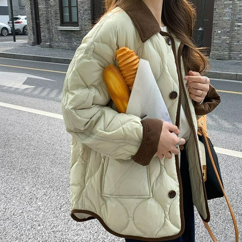 Cotton Women's Short Contrast Color Trendy Design Lapel Contrast Color Rhombus Winter Jacket Is Light and Thin