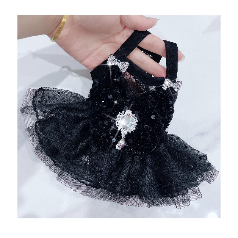 Black Red Gothic Pet Halter Dress Shiny Sequins Bling Crystal Brooch Double Bows Lace Ruffle Mesh Princess Sundress Pet Clothes
