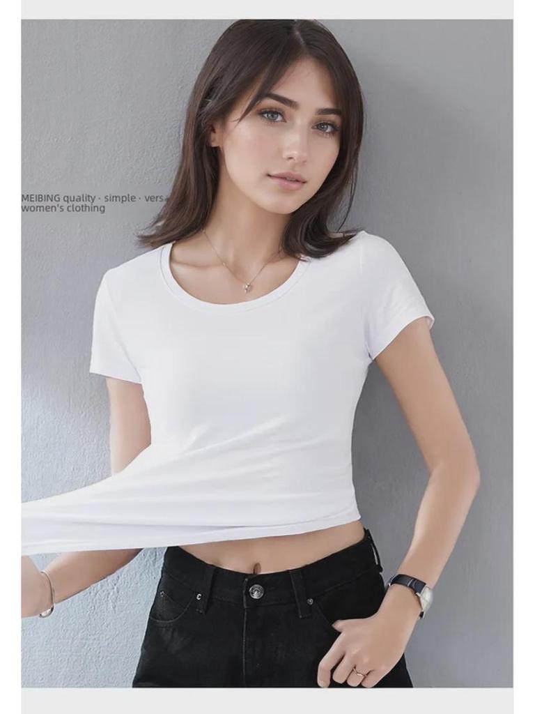 Korean Style Avocado Green Crew Neck Women's Slim Fit Cotton T-Shirt