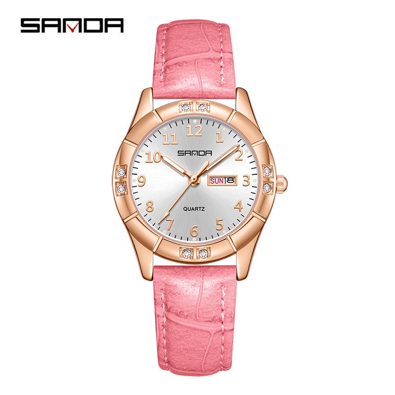Sanda Women's Luminous Leather Quartz Watch: Waterproof, Slim, Fashionable with Dual Calendar.