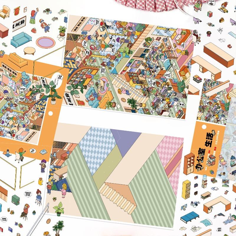 Original Cartoon Office Life Themed Compact Miniature Landscape Sticker for Easy Storage - Stress-relieving PET Transparent Film Sticker