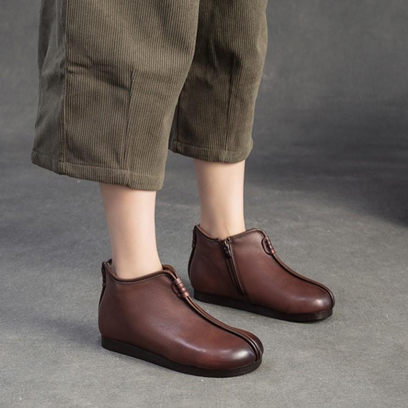 Johnature Genuine Leather Plush Warm Cotton Shoes Round Toe Flat Ankle Boots Commuting Women's Shoes