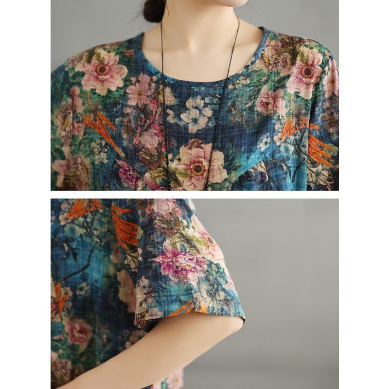 Dimanaf 2025 Summer New Plus Size Vintage Dress Women Casual Long Dress Loose Basic Floral Printing Dress