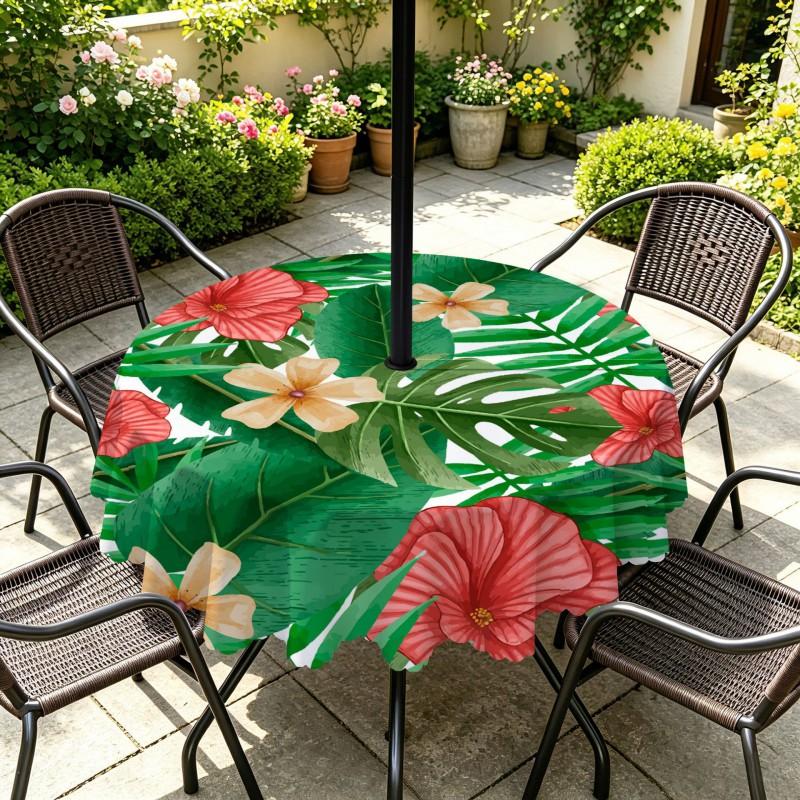 Outdoor Round Tablecloth With Umbrella Hole Waterproof Oil Resistant Floral Leaf Patio Garden Deck
