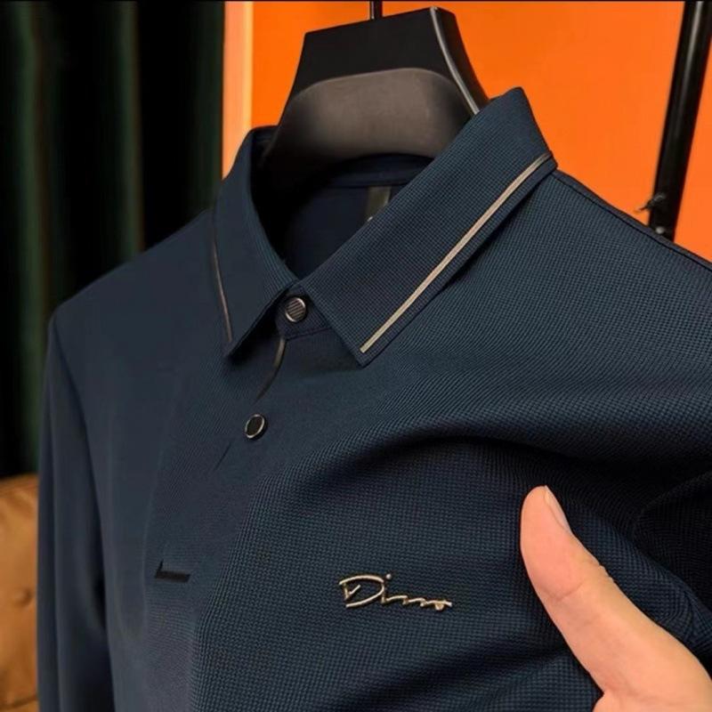 Waffle Seamless New Long-sleeved T-shirt Men's Lapel Business Casual Spring and Autumn Polo Shirt Middle-aged Dad Wear