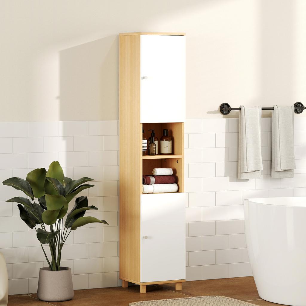 Bathroom Cabinet With 2 Cupboards And Open Shelves Adjustable Internal Shelves 30x30x166 Cm White And Wood