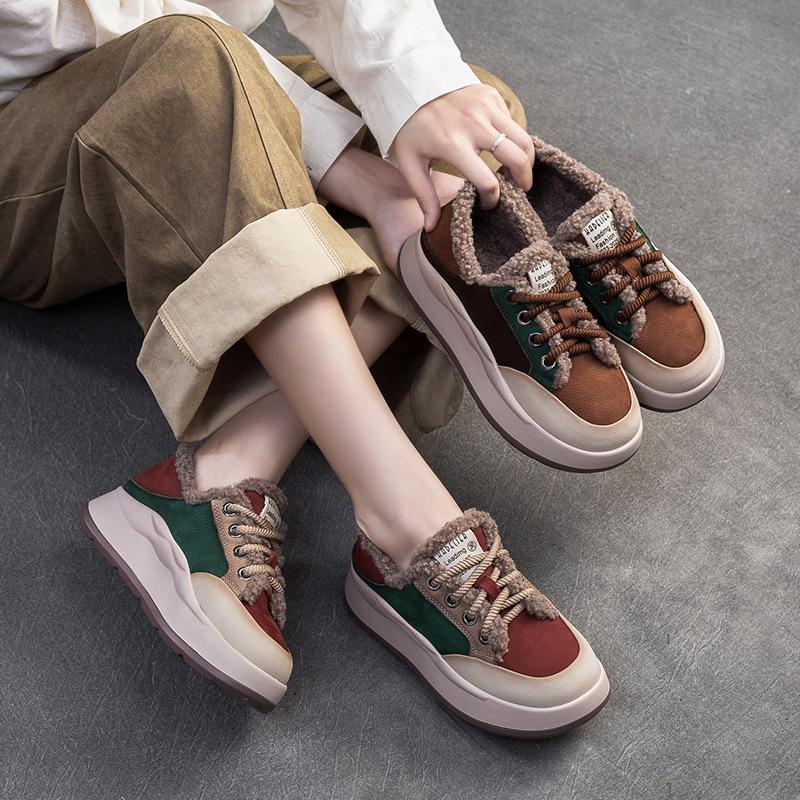 GKTINOO 4cm Suede Genuine Leather Women Chunky Sneakers Platform Wedge Flats Vulcanize Loafer Spring Winter Plush Autumn Shoes