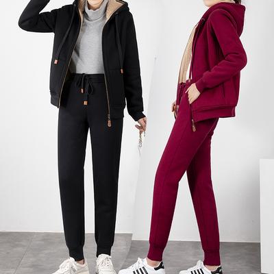 2pcs/set Women's Autumn and Winter Hooded Set with Thickened Fleece Hoodie Outwear Outfits