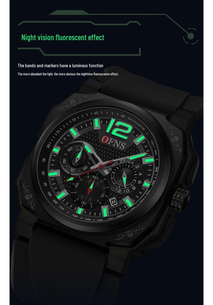 OFNS Men's Classic Square Chronograph Watch: Multifunctional Sports Fashion with Single Calendar, Six-Needle Quartz Movement.