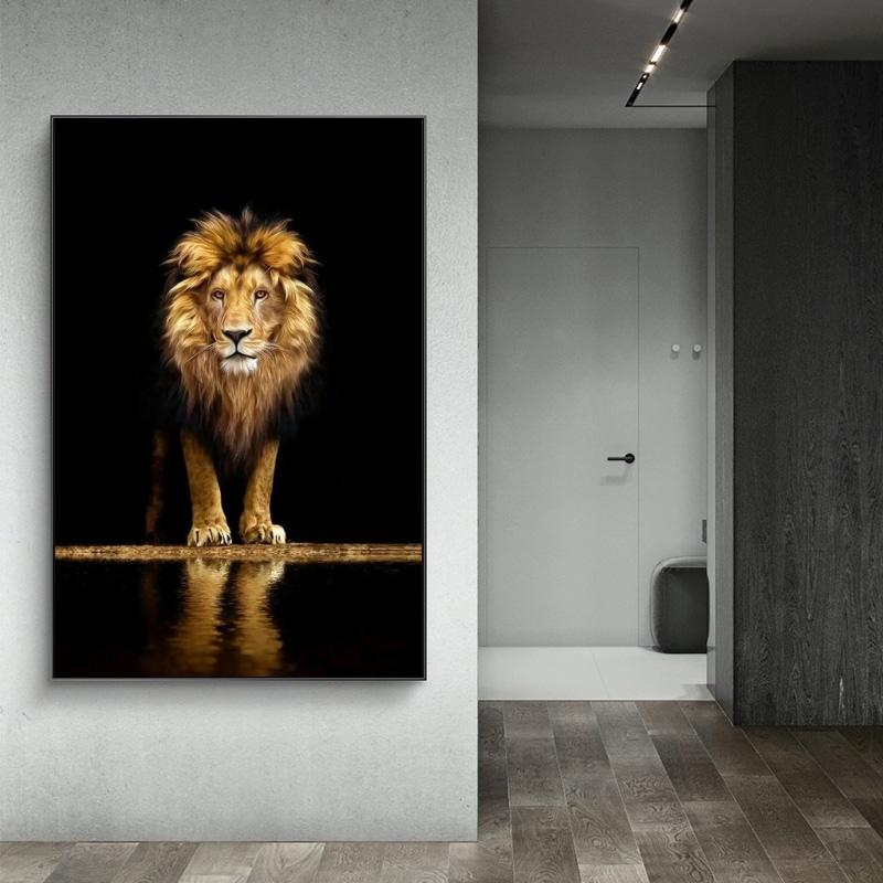 Affiches et imprimés d'art sur toile Lion dans le noir, images murales décoratives d'animaux, peinture sur toile de Lion africain, décor mural de maison