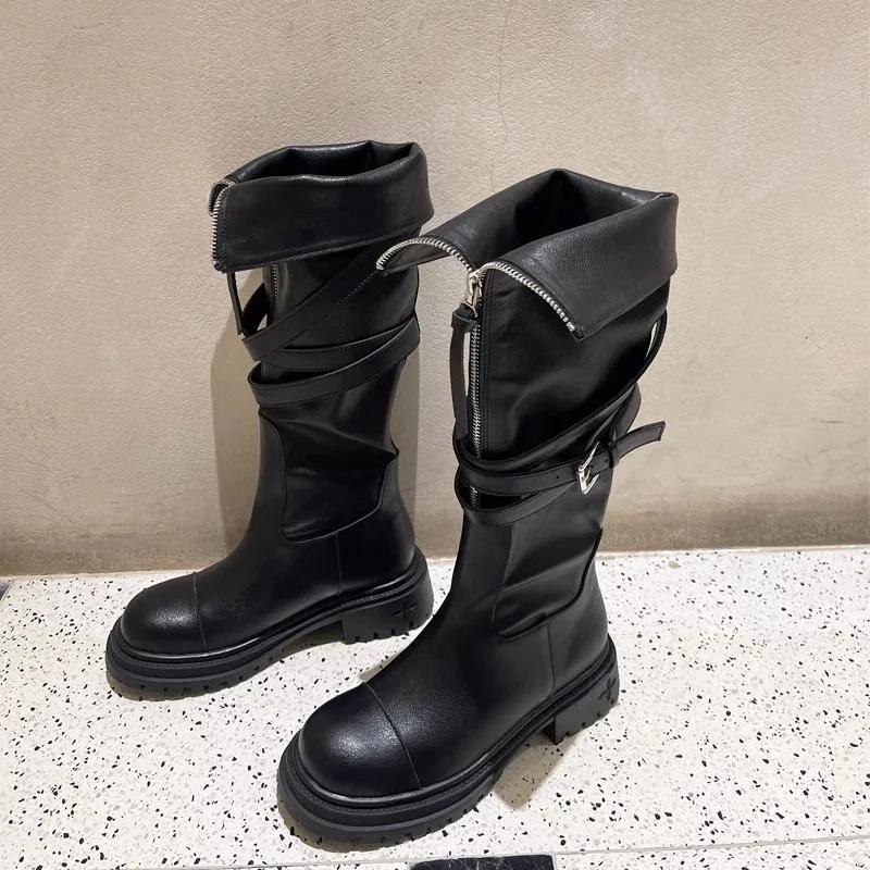 2024 Autumn But Knee-length Boots Female Belt Buckle Thick Bottom Biker Boots Tall Fashion Boots Shoes for Women Botines Mujer