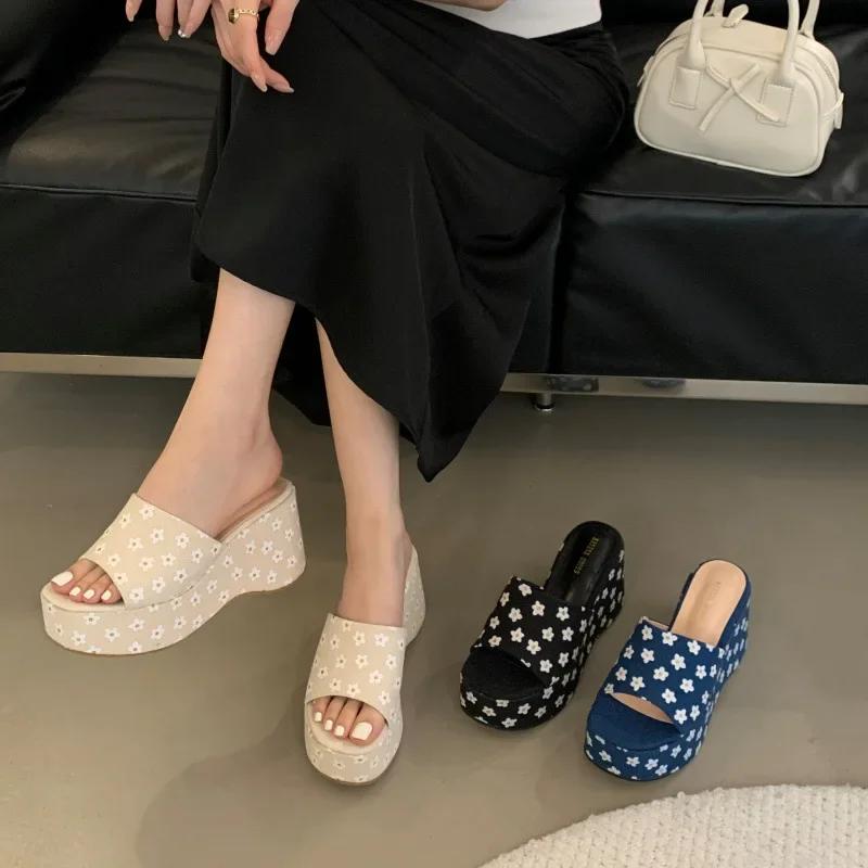Blue Heels Sandals Women Slippers Beige Flowers Platform Chunky Heels 9cm Sandals Summer Shoes Women Zapatos De Mujer 2025