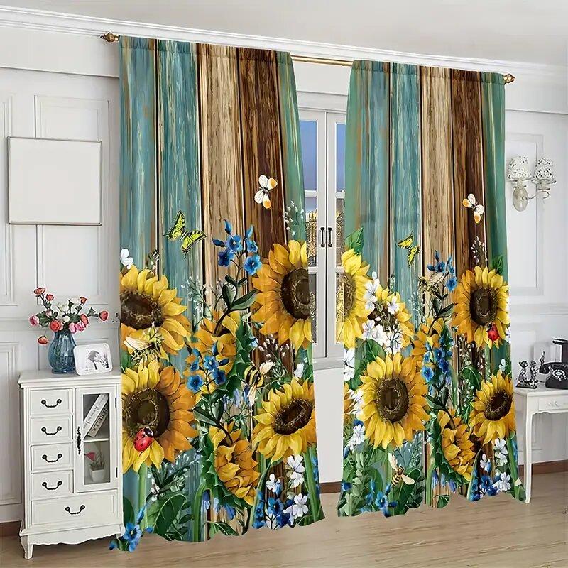 Set Of 2 Sunflower Butterfly Wood Board Pattern Printed Curtains Window Decorations Home Room Curtain Polyester