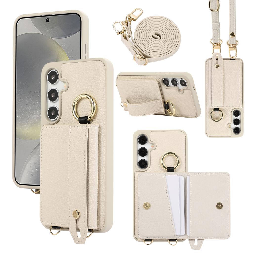 Wristband Ring Holder Magnetic Cards Solt Leather Wallet Case For Samsung S25 Ultra S24 Plus S23 S22 long Lanyard kickstandCover