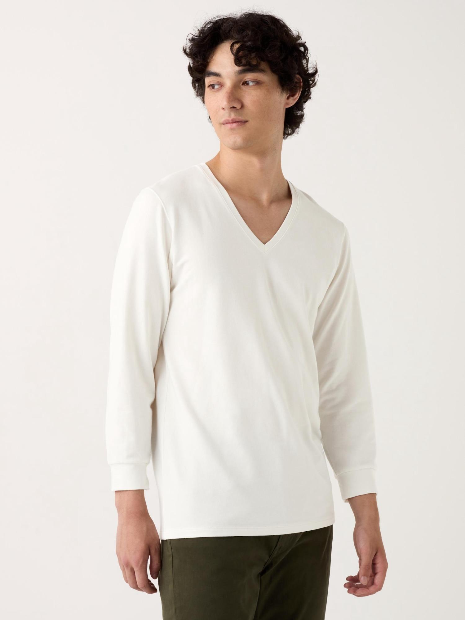 

UNIQLO JAPAN HEATTECH ХЛОПОК С V-образным вырезом ОЧЕНЬ ТЕПЛЫЙ НОЧНОЙ РУКАВ 01 OFF WHITE/XS