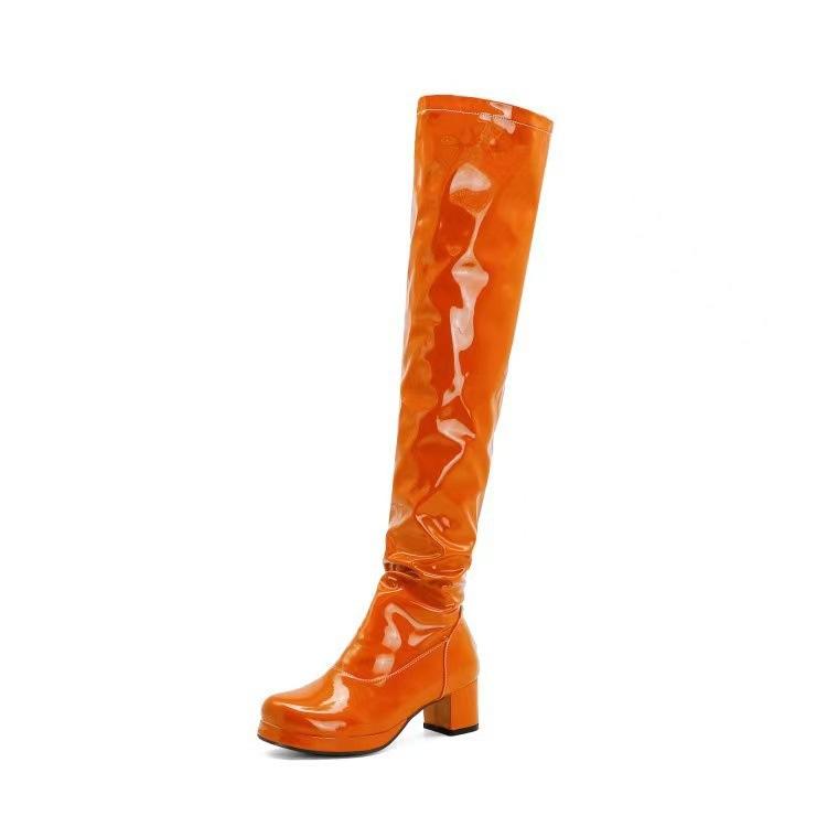 Autumn and Winter Tall Tube Looks Thin, Versatile Personality, Candy Color Patent Leather Thick Heel Patent Leather Long Tube Knee Long Women's Boots