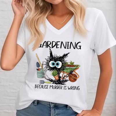 3D Printed Gardening Because Murder Is Wrong Black Cat Women T-shirt Summer Funny V-Neck Shirt Casual Short Sleeve Tops Vintage Lady Tshirt