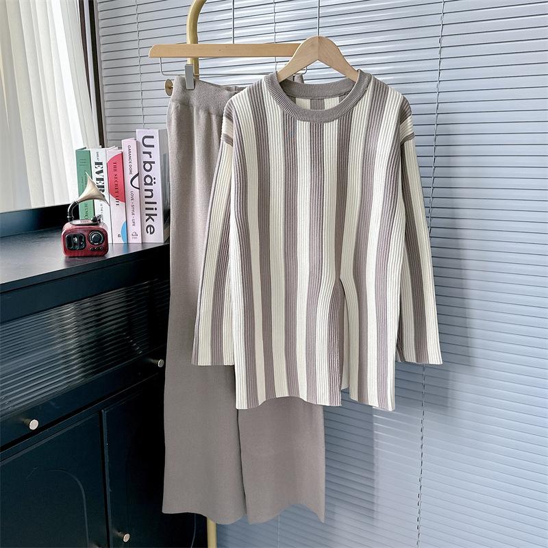 

Вертикальные полосатые круглые горловины Раздельные трикотажные комплекты женские модные осенне-зимние брюки с высокой талией и широкими штанинами костюм One size верблюд