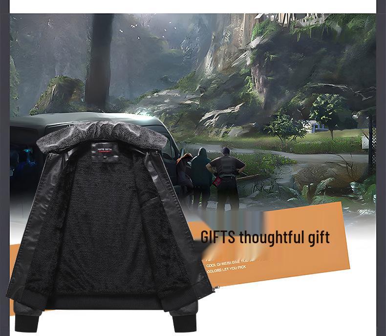 Men's European Winter PU Leather Jacket with Velvet Collar - Large, Warm, Windproof Motorcycle Style