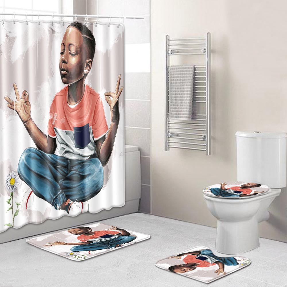 African American Women'S Bathroom Four-Piece Combination Set Household Door Mat Absorbent Non-Slip Floor Mat Carpet