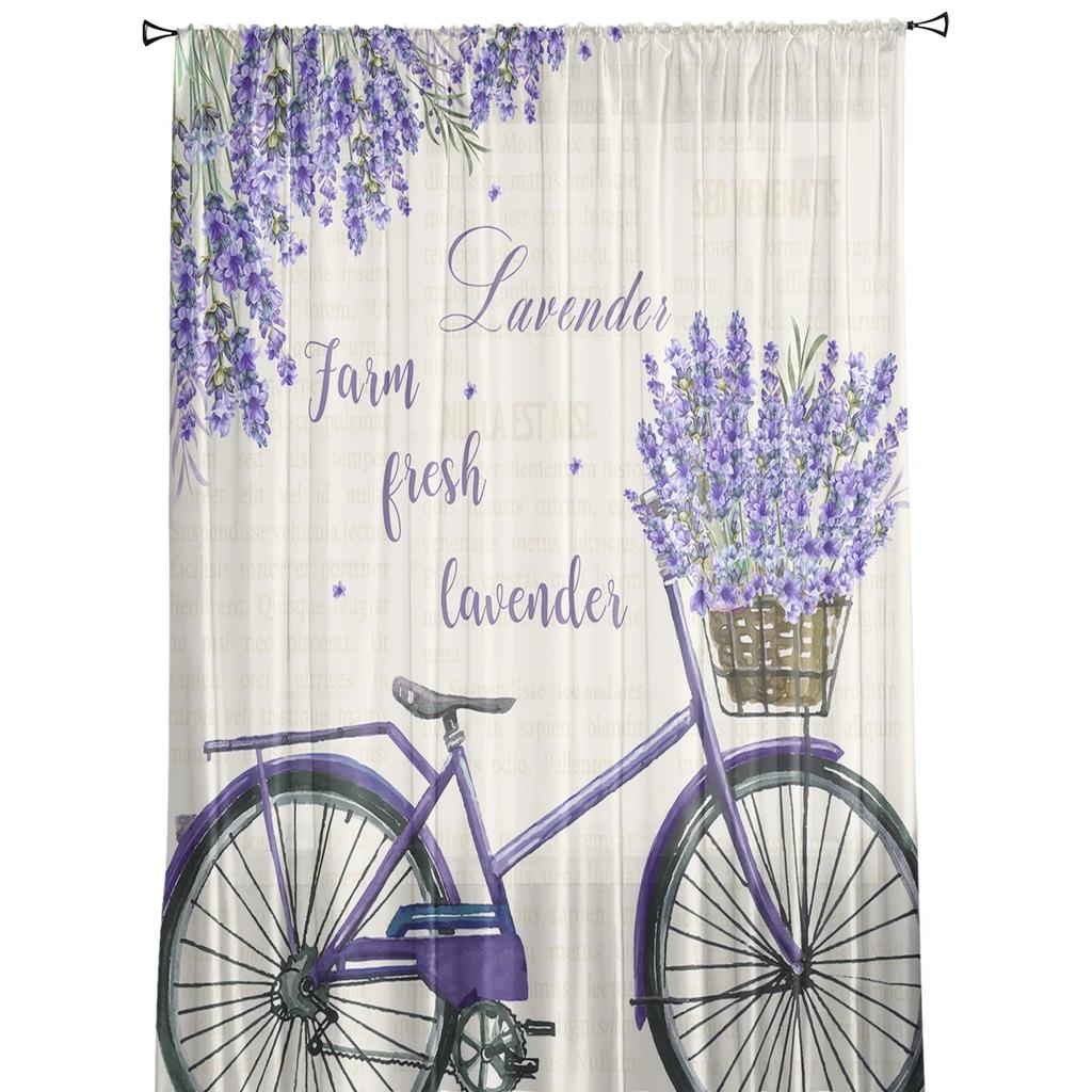 Farm Purple Fresh Flower Lavender Bicycle Tulle Window Curtains Living Room Bedroom Voile Decoration Sheer Made Of Polyester Sitting Decor