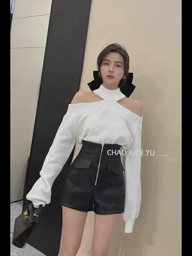 Women's High-Waist PU Leather Shorts, Autumn/Winter, Slim A-Line Wide-Leg Pants, Korean Style with Zipper.