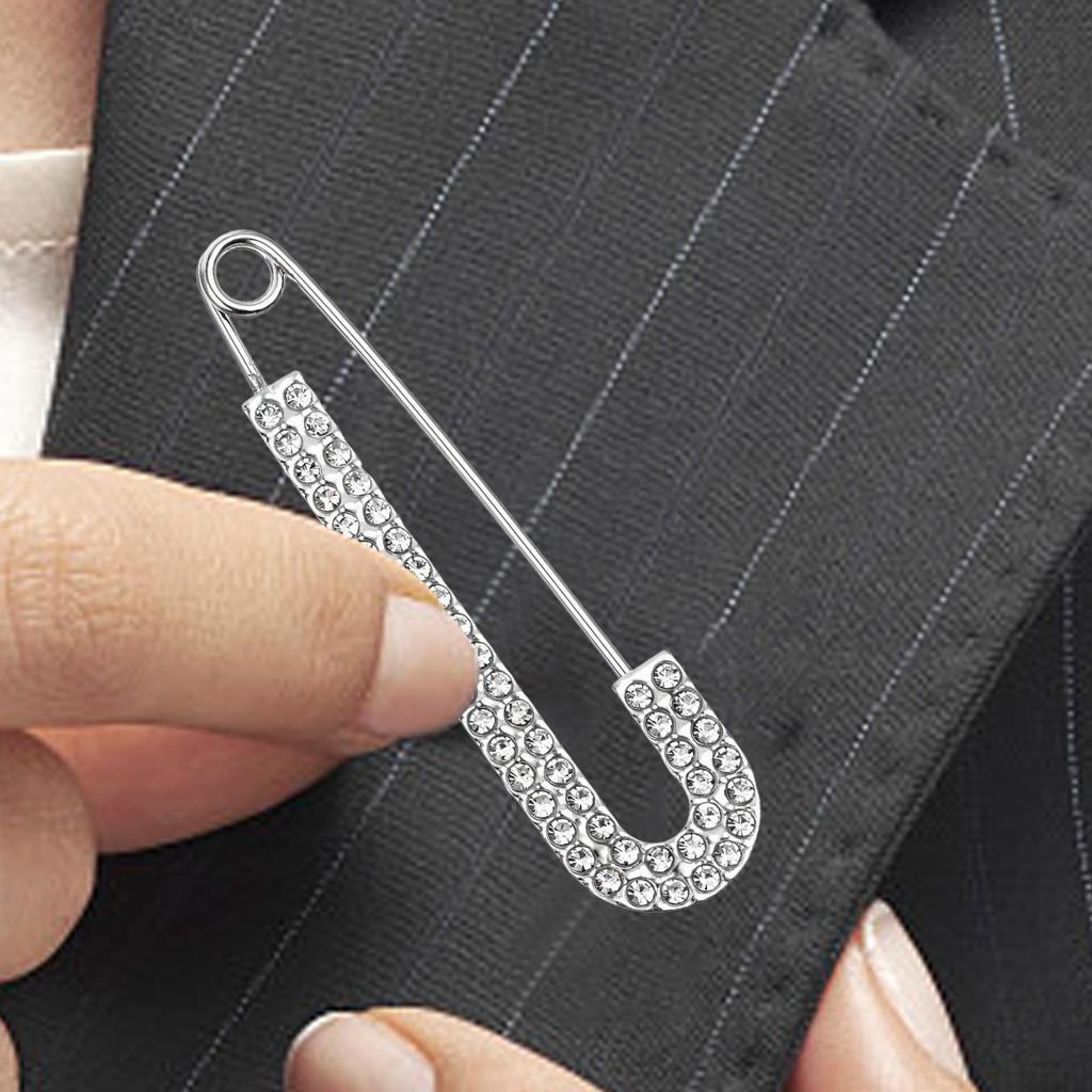 Silver Tone Rhinestone Safety Pin Silver Buckle Jewelry Large Brooch Luxurious Safety Clothing Pin for Scarf Women Shiny Fashion