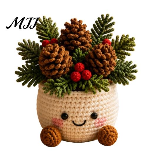 Festive Home Tabletop Decor Simulated Crochet Christmas Potted Decor, Knitted Mini Artificial Tree Flower Decorative Yarn Craft for Ornament,