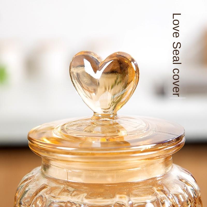 European Style Amber Love Glass Jar Moisture-proof Sealed Food Tea Can Nut Candy Jar Kitchen Storage Container Home Decoration