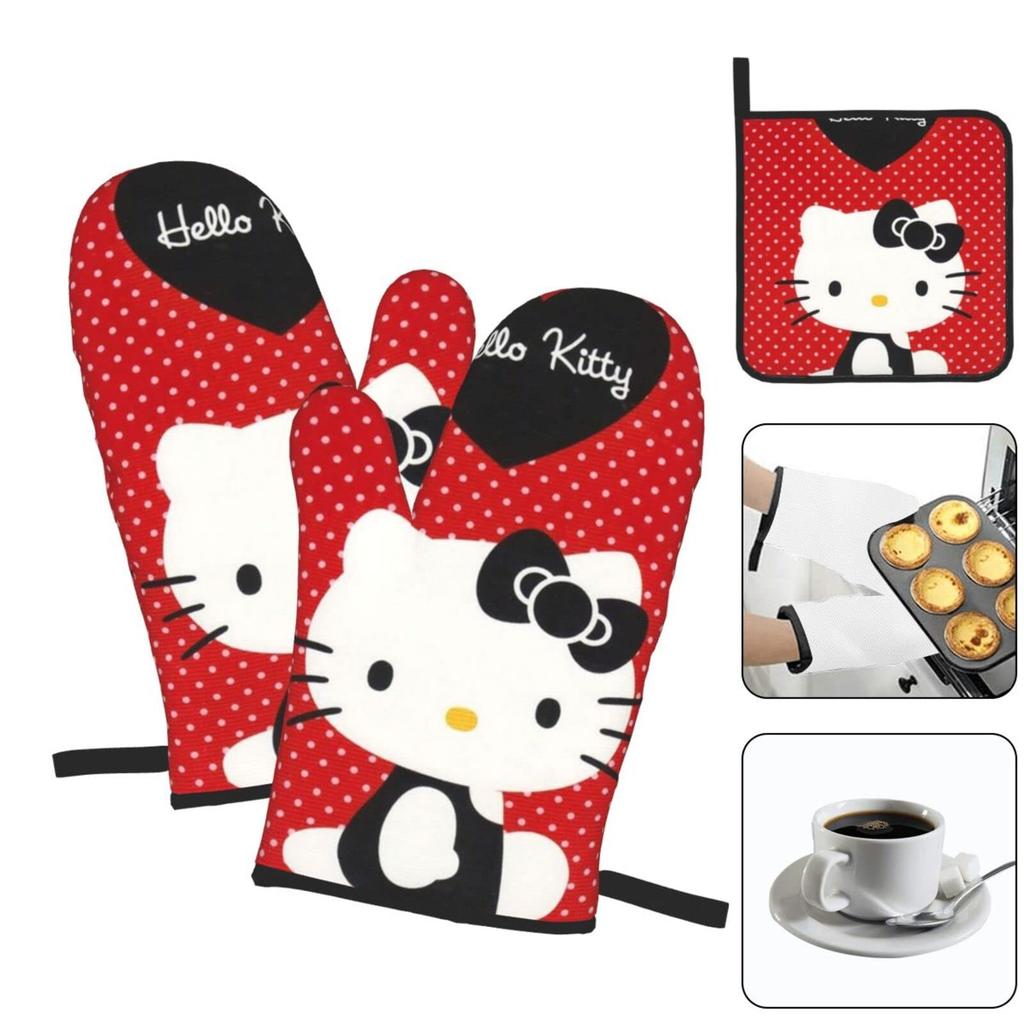 Hello Kitty Pot Stylish and Cute Oven Kitchen Can be Used on Both Left and Right Set Heat-Resistant Holders/Oven Mitts, Mitts, Anti-Slip, Anti-Burn,
