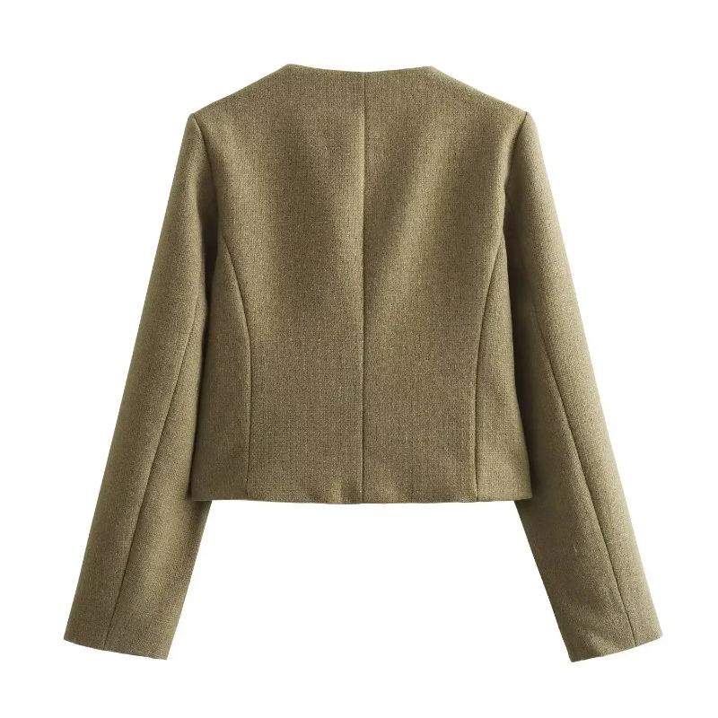 Women Fashion Autumn Winter Single-breasted Textured Round Neck Flip Pocket Short Jacket Coat Chic Ladies Tops Mujer