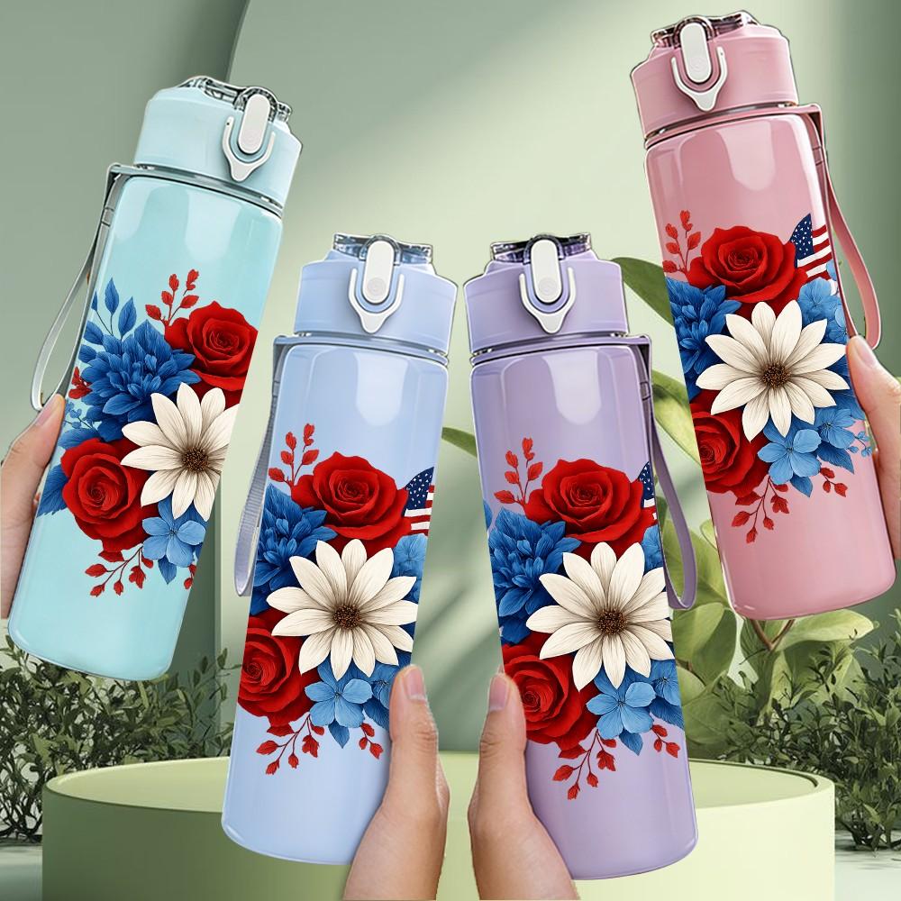 1PC Red White Floral Wreath Art 750ml Color Plastic Sports Water Bottle Leakproof Flip Straw Lid Suitable for Sports Office Home Use