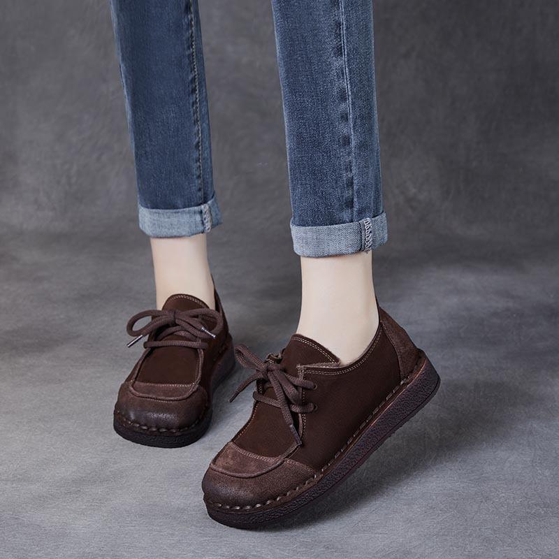Take a Spring and Autumn New Fashion Color Matching Retro Soft-soled Women's Single Shoes Flat-soled Doudou Shoes First-layer Cowhide Lace-up