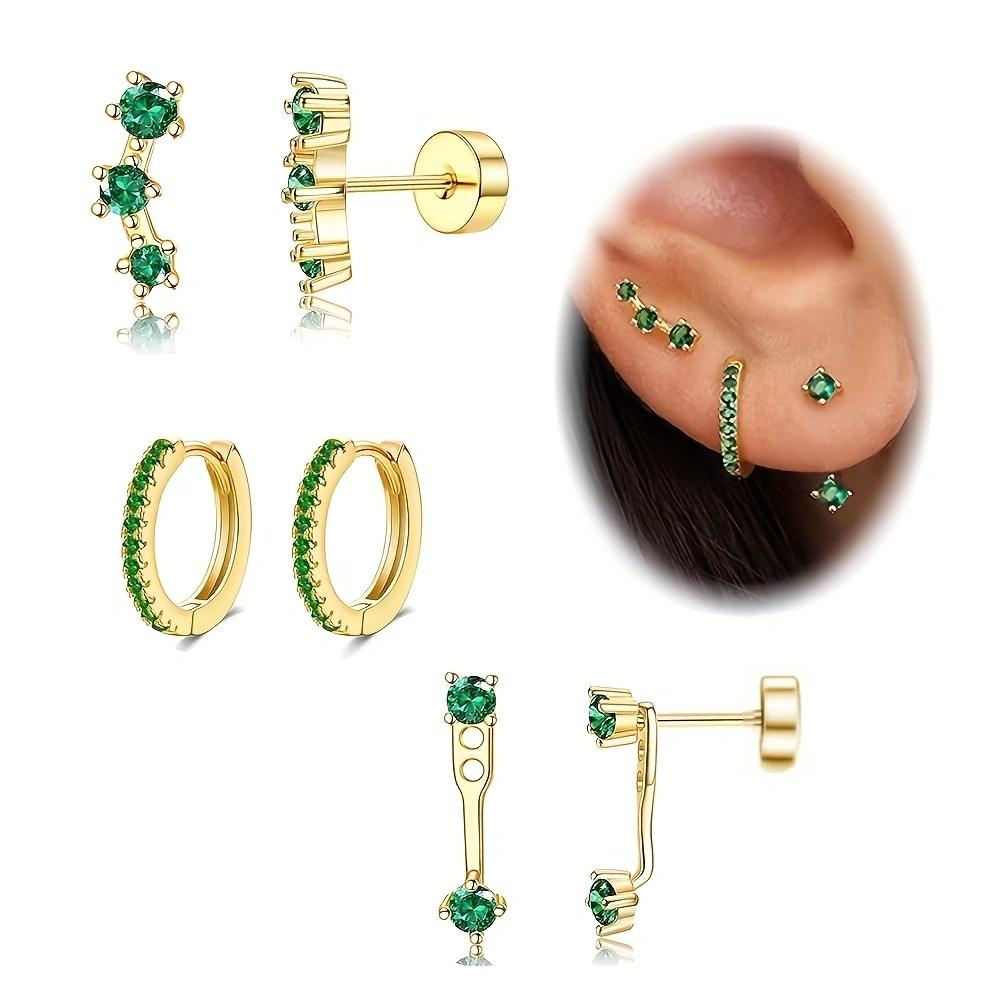 6 Pcs Gold Plated Stainless Steel Flat Back Earrings Set Green Zirconia Cartilage Studs Elegant Jewelry
