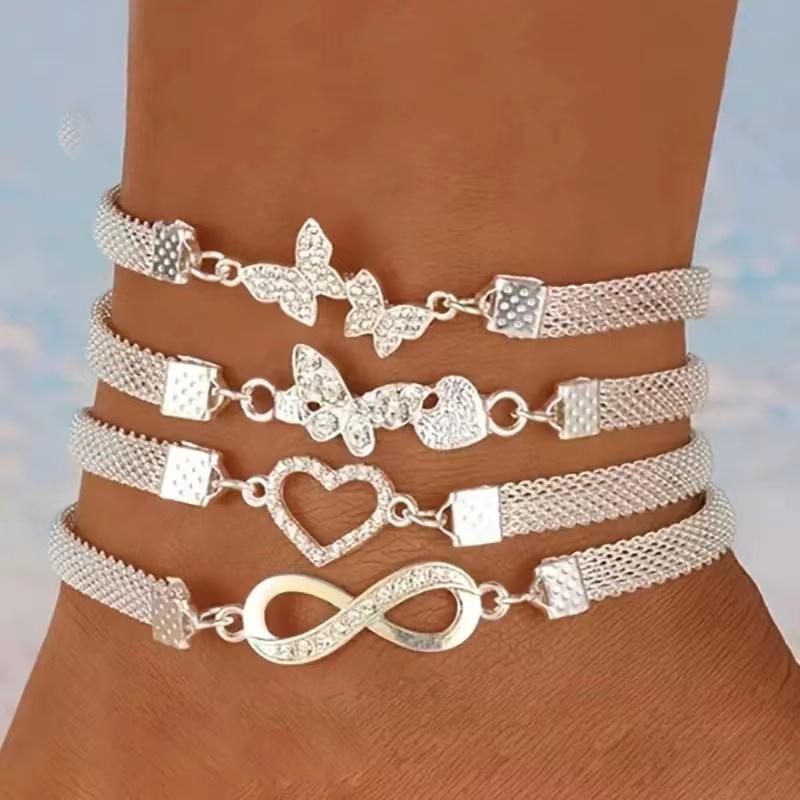 Mode Retro Zomer Hete Verkoop Zinklegering Bedel Twee Draagbaar Sprankelend Onbeperkt 8-Figuur Enkelband Armband Twee Sprankelende Voet Zirkonia