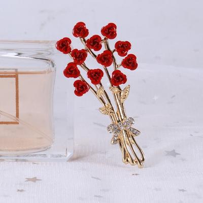 Women Enamel Rose Flower Bouquet Shape Brooch Pin Korean Style Shining Rhinestones Inlay Dress Coat Badge Jewelry Accessories
