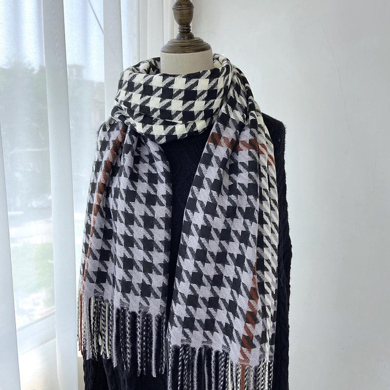 New Houndstooth Scarf for Women In Winter Versatile Korean Style Imitation Cashmere Autumn and Winter Warm Thickened Scarf Shawl Trendy