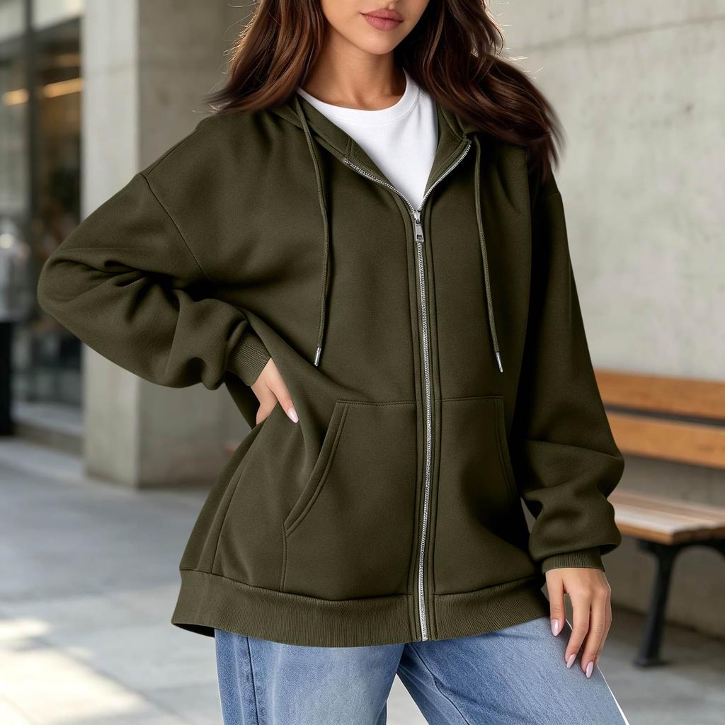 Kadın Astarlı Tam Fermuarlı Kapüşonlu Sweatshirt, Sonbahar Kış İçin Günlük Kapüşonlu Sweatshirt