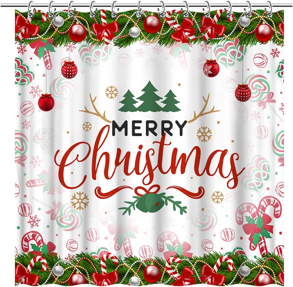 

Candy Cane Xmas Tree Snowflakes Shower Curtain , Waterproof Winter Christmas Party Bathroom Decorations W60H190(CM)-1 Pcs