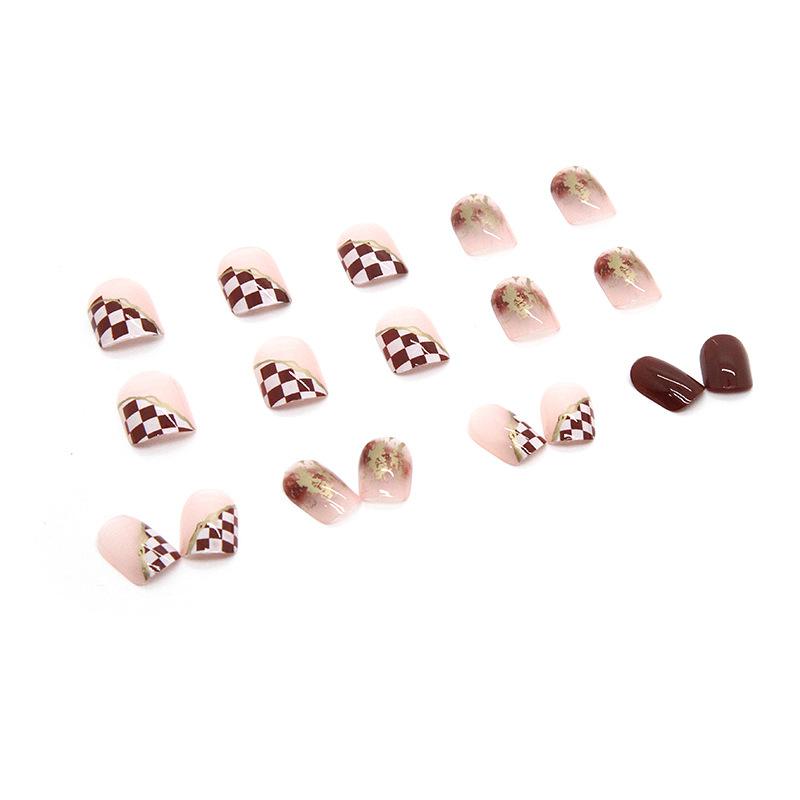 24 Stück Frühherbst Weiß Braun Maniküre Feiner Glitzer Tragen Nägel Schachbrett Farbblock Schokolade Falsche Nägel