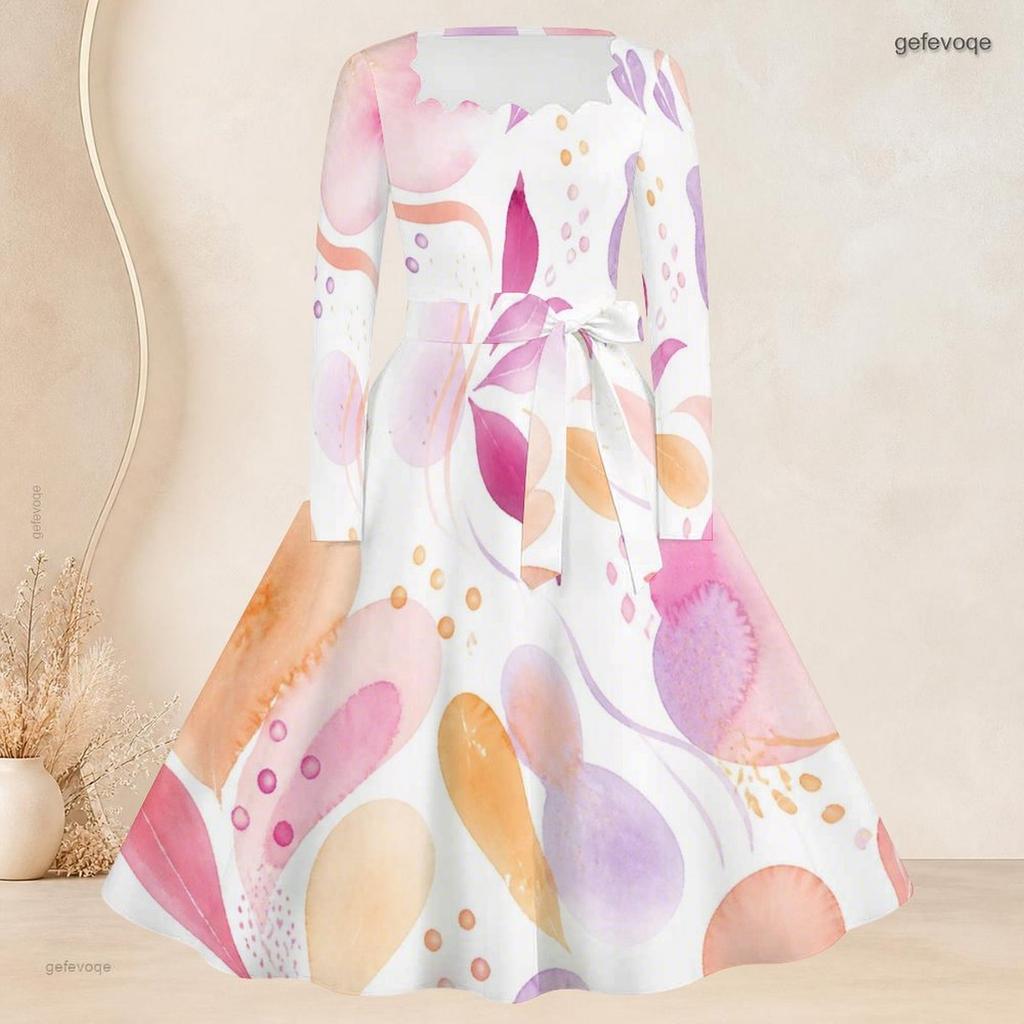 Women Plus Size Square Neck Long Sleeve Printed Tie Waist A Line Flared Dress