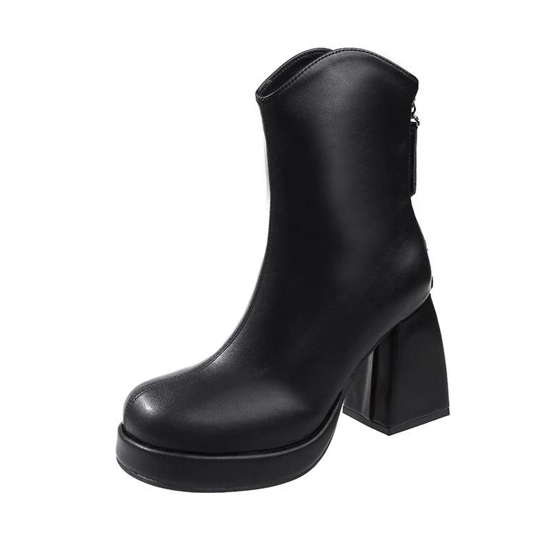 

2024 женская обувь, женские ботинки на платформе с молнией сзади, уличные ботильоны, женские туфли с круглым носком и очень высоким массивным каблуком, женские туфли 40 чёрный