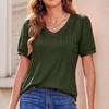 Women's Puff Short Sleeve Boho Shirt Casual V Neck Solid Color Summer Shirt Pleated Casual Tunic Top