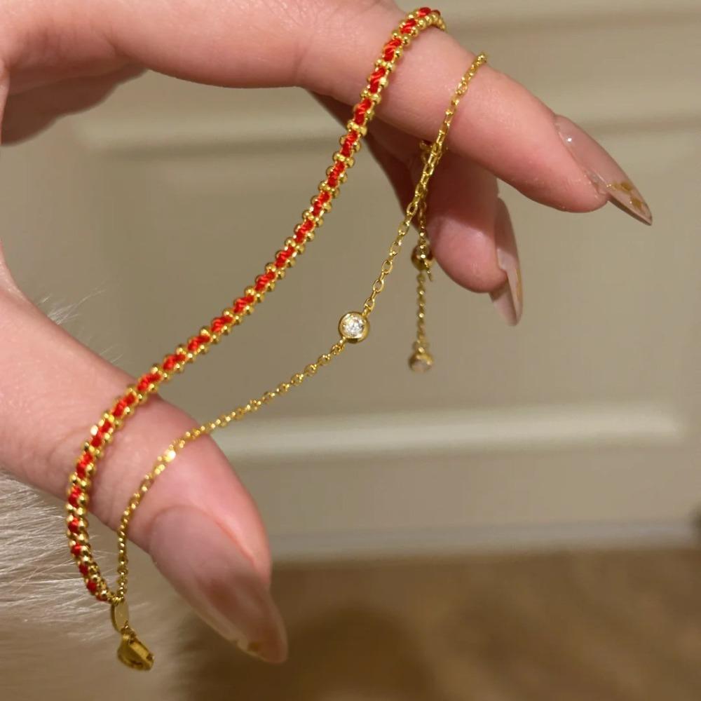 Handmade Red String Bracelet for Women Double Layer Stackable Design with Pigeon Blood Red Diamonds