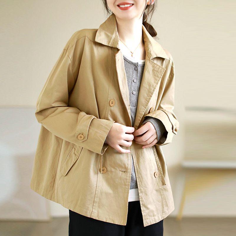 Fashion Loose Drawstring Trench Coat Double-Breasted Casual Loose Short Jacket Women's Cotton Top Spring Autumn