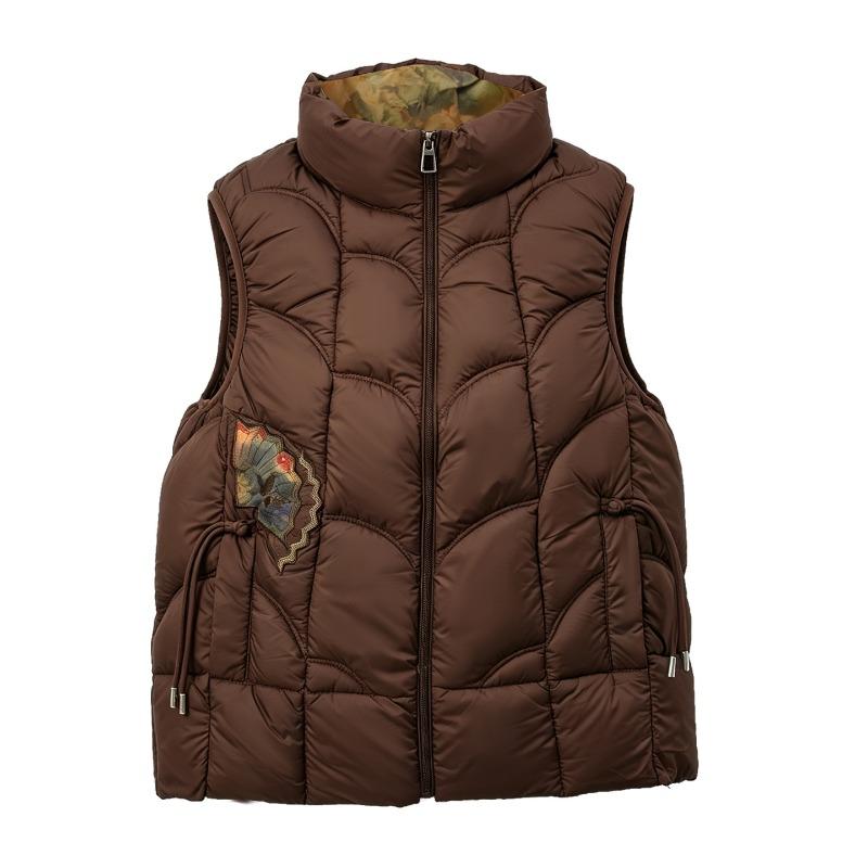 Women S Thin Cotton Vest High Stand Collar Quilted Ginkgo Embroidery Home Commute