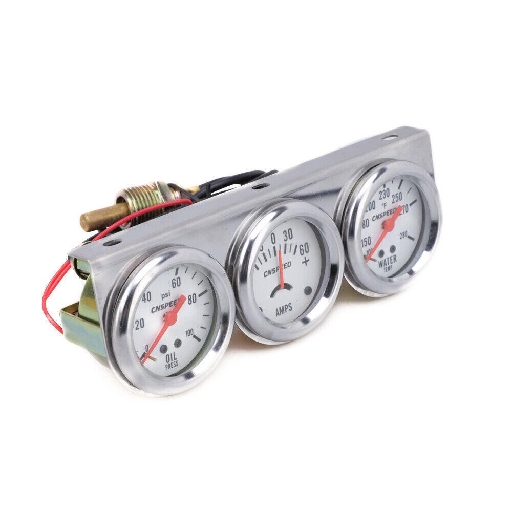 2" 52mm Oil Pressure Amp Meter Water Temp Triple Gauge 3 in 1 Set Chrome Panel