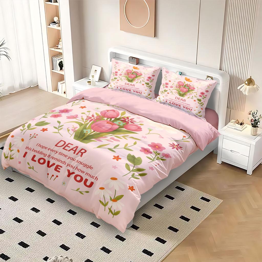 3pc Pink Carnation Floral Print Coreless Duvet Set Multiple SizesSoft Bedroom Living Room Holiday Decoration Machine Washable