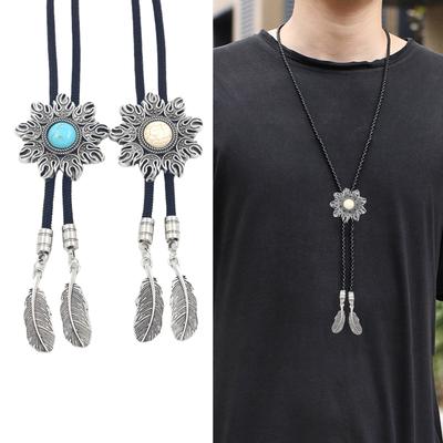 Unisex Bolo Tie Western Cowboy Braided Rope Necktie Metal Sun Turquoises Stone Jewelry Feather Pendant Western Necklace